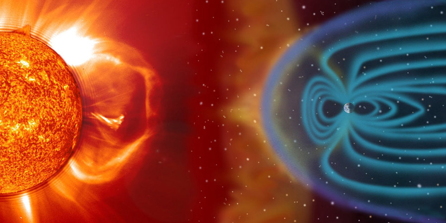 Artist impression of the solar wind as it travels from the Sun and encounters Earth’s magnetosphere. This image is not to scale.