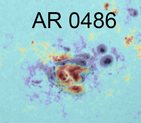 Active Region 0486 responsible for the Halloween Storms of 2003, and the biggest current X-flare (~X45) on record.)